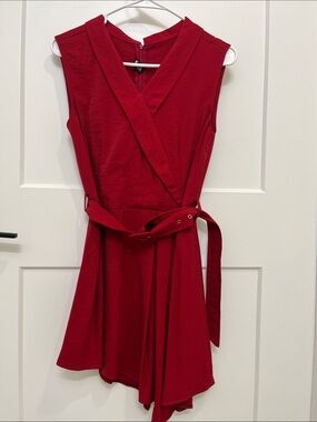 Asymmetrical Red Sleeveless Wrap Dress with Waist Tie